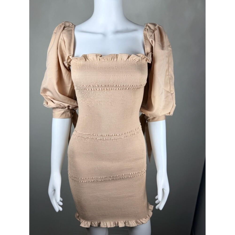 HYFVE Smocked Mini Dress Puff Sleeve Tie Shoulder Beige Bodycon Small Ruffle